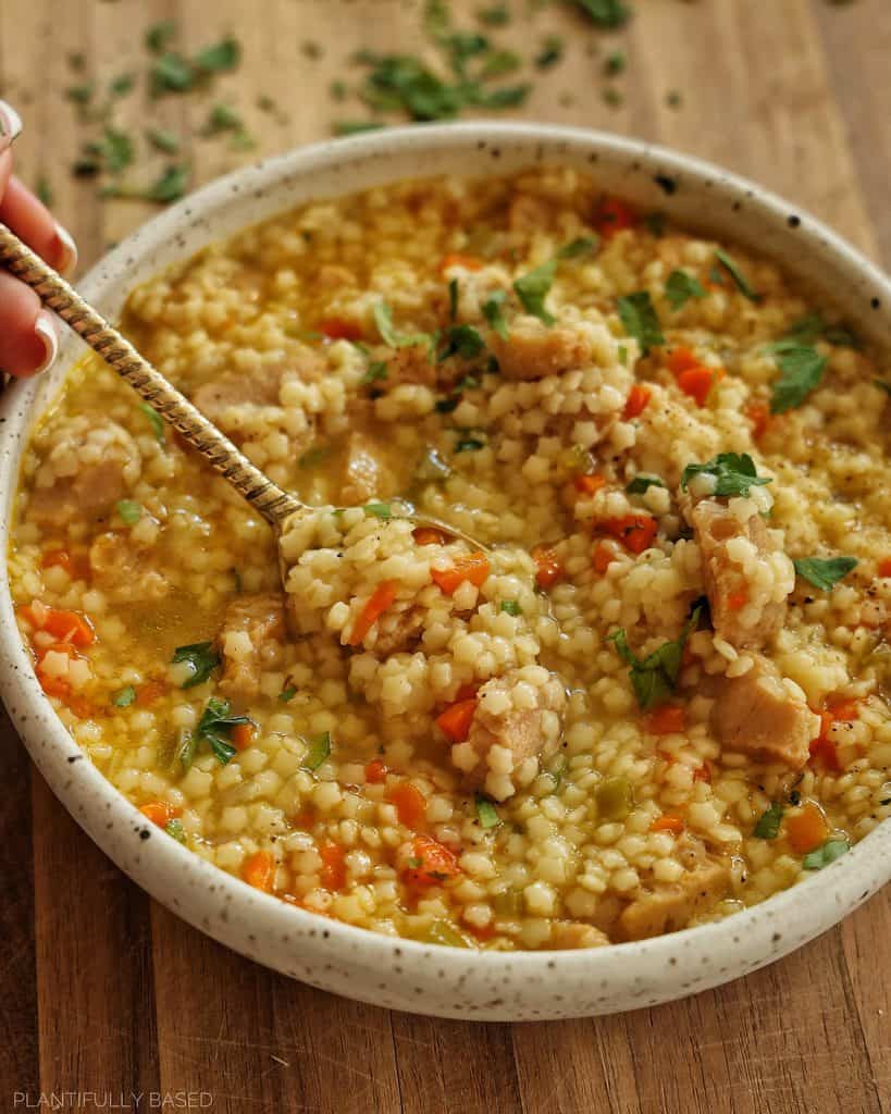 vegan chicken soup in a bowl