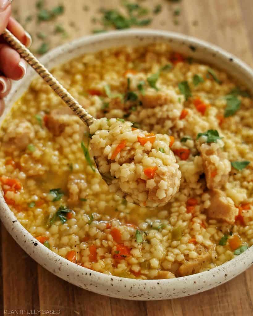 vegan chicken soup in a bowl