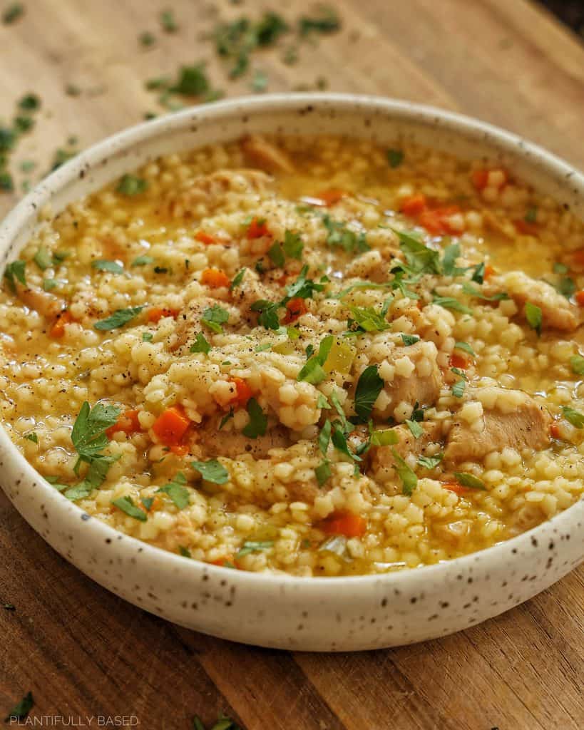 vegan pastina chicken soup in a bowl
